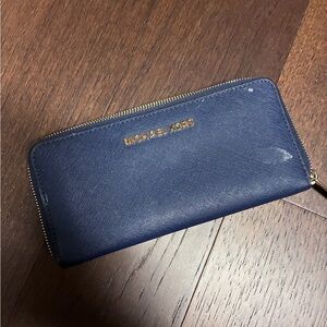 Michael Kors Navy Saffiano Zip Wallet with Gold Logo
